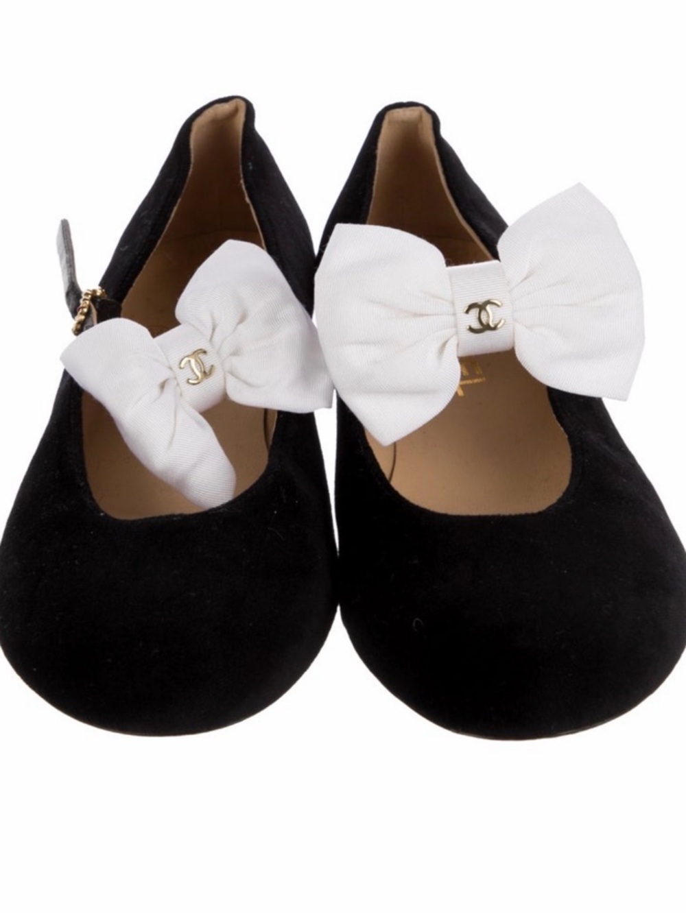 Authentic CHANEL Black velvet Mary Jane Shoes with White Bow